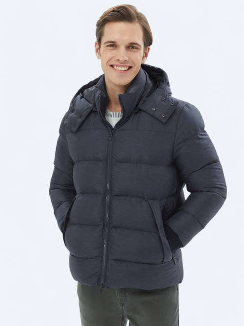 Lacivert Regular Fit Kapüşonlu Casual Dokuma Mont