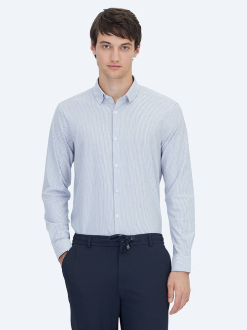 Mavi Çizgili Regular Fit Casual Pamuk Karışımlı Gömlek