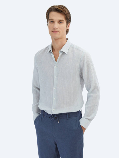 Mavi Çizgili Regular Fit Dokuma Casual Pamuk Karışımlı Gömlek
