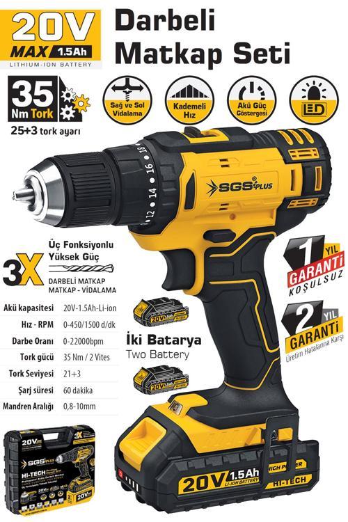 Sgs5248 - Darbeli 20 Volt 1.5 Amper Akülü Şarjlı Matkap Vidalama Seti Çift Akülü 35 Nm Tork