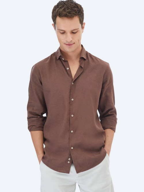 Kahverengi Düz Regular Fit Dokuma Casual Pamuk Karışımlı Gömlek