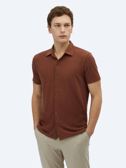 Kahverengi Düz Regular Fit Casual Pamuk Karışımlı Gömlek