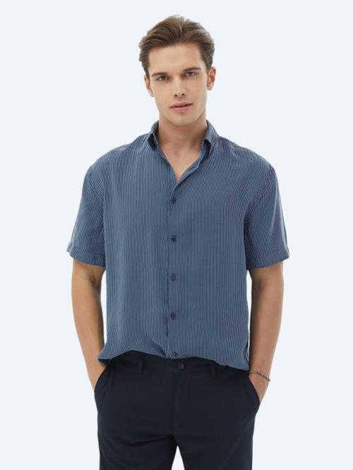 Koyu Mavi Çizgili Oversize Fit Dokuma Casual Gömlek