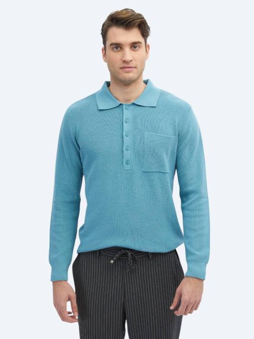 Koyu Mint Polo Yaka Selanik Pamuk Karışımlı Triko Kazak