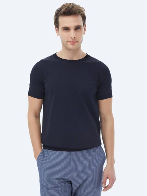 Lacivert Bisiklet Yaka Düz Örgü Triko