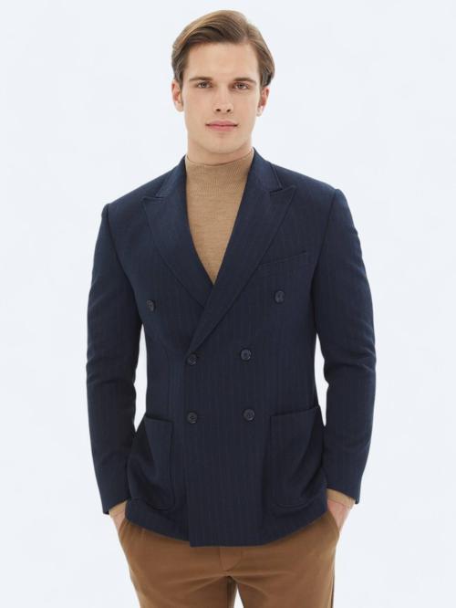 Lacivert Çizgili Modern Fit Örme Ceket