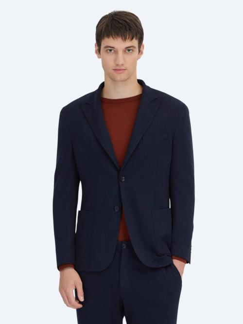 Lacivert Çizgili Modern Fit Örme Takım Elbise