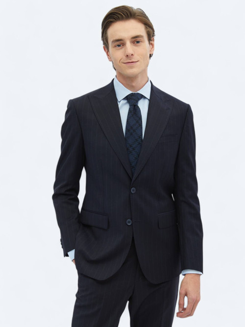 Lacivert Çizgili Modern Fit Yün Karışımlı Takım Elbise