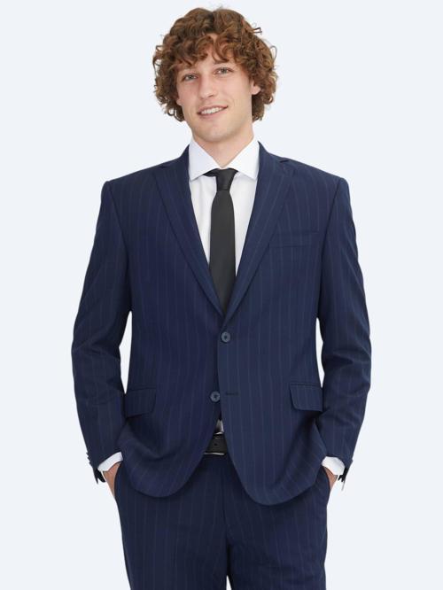 Lacivert Çizgili Regular Fit Yün Karışımlı Takım Elbise