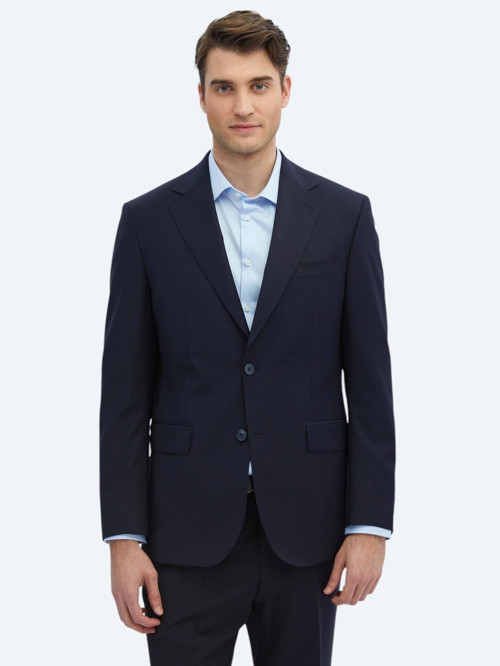 Lacivert Düz Modern Fit Yün Karışımlı Takım Elbise