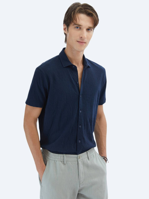 Lacivert Düz Regular Fit Casual Pamuk Karışımlı Gömlek