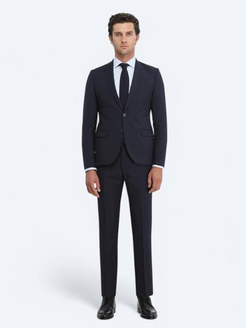 Lacivert Düz Slim Fit Yün Karışımlı Takım Elbise