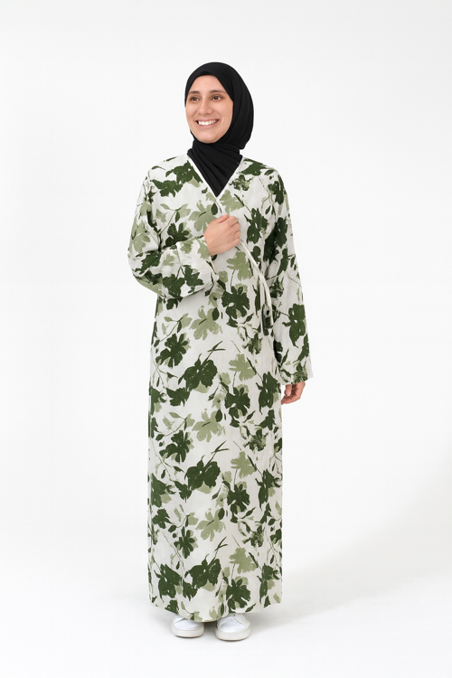 Yaprak Desenli Kruvaze Namaz Elbisesi – %100 Viskon, Yandan Bağlamalı 36-46 Beden