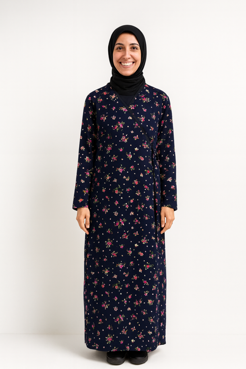 Çiçek Desenli Kruvaze Namaz Elbisesi – %100 Viskon, Yandan Bağlamalı 36-46 Beden