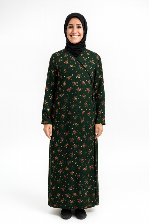 Çiçek Desenli Kruvaze Namaz Elbisesi – %100 Viskon, Yandan Bağlamalı 36-46 Beden