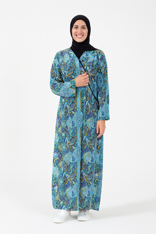 Etnik Desenli Kruvaze Namaz Elbisesi – %100 Viskon, Yandan Bağlamalı 36-46 Beden