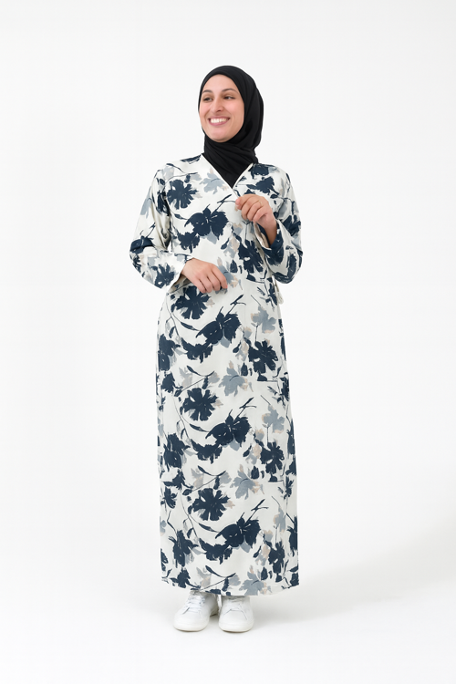 Yaprak Desenli Kruvaze Namaz Elbisesi – %100 Viskon, Yandan Bağlamalı 36-46 Beden