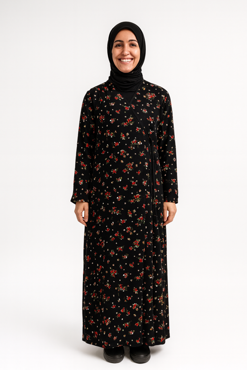 Çiçek Desenli Kruvaze Namaz Elbisesi – %100 Viskon, Yandan Bağlamalı 36-46 Beden