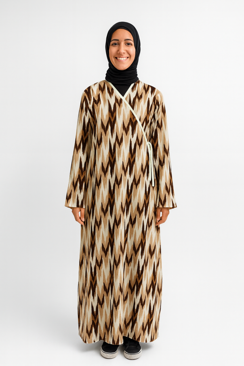 Zigzag Desenli Kruvaze Namaz Elbisesi – %100 Viskon, Yandan Bağlamalı 36-46 Beden
