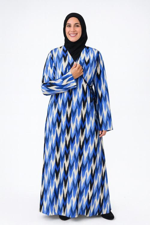 Zigzag Desenli Kruvaze Namaz Elbisesi – %100 Viskon, Yandan Bağlamalı 36-46 Beden
