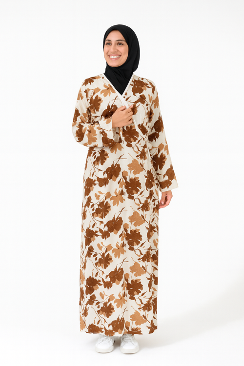 Yaprak Desenli Kruvaze Namaz Elbisesi – %100 Viskon, Yandan Bağlamalı 36-46 Beden