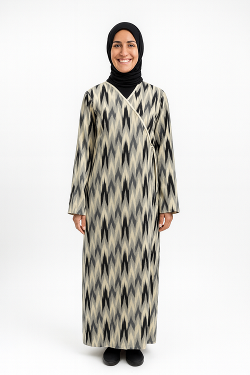 Zigzag Desenli Kruvaze Namaz Elbisesi – %100 Viskon, Yandan Bağlamalı 36-46 Beden