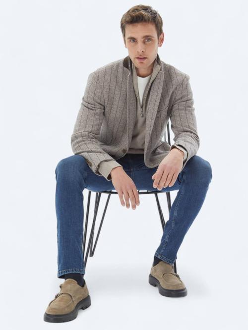 Kahverengi Çizgili Modern Fit Pamuk Karışımlı Örme Ceket