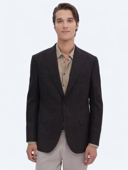 Kahverengi Desenli Comfort Fit %100 Yün Ceket