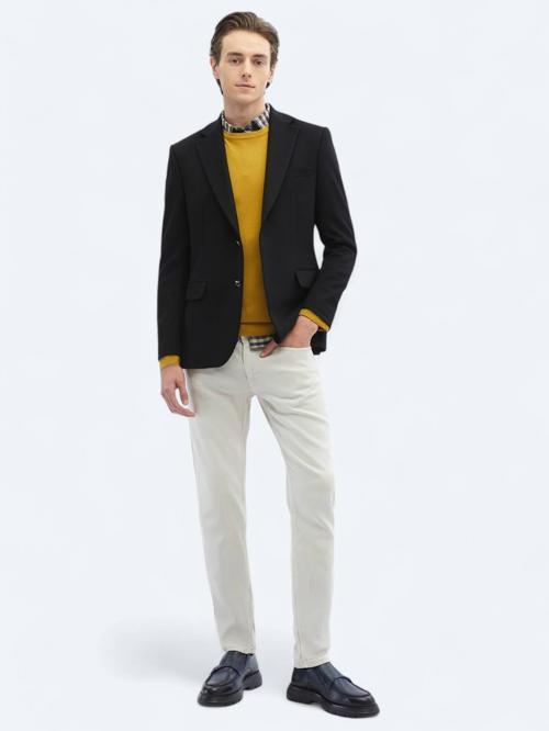 Siyah Düz Regular Fit Yün Karışımlı Ceket