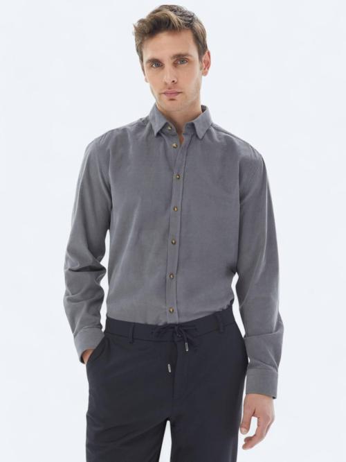 Gri Fitilli Regular Fit Dokuma Kadife Casual %100 Pamuk Gömlek