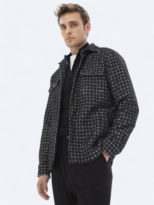 Siyah Kareli Regular Fit Dokuma Yün Karışımlı Overshırt