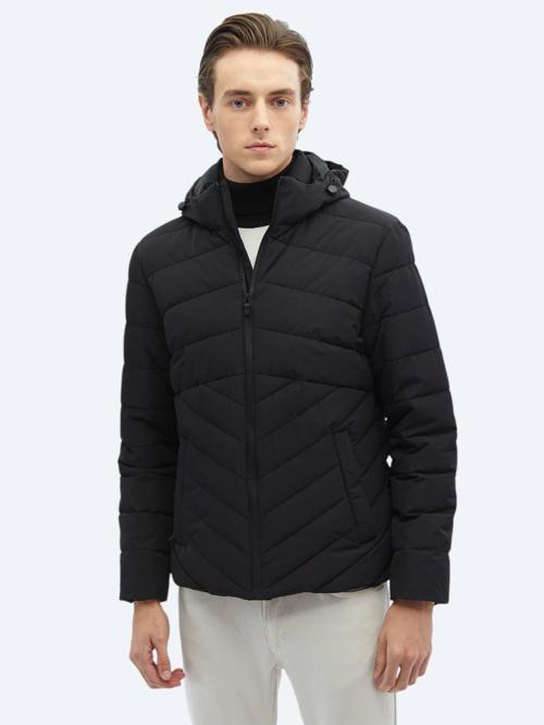 Siyah Regular Fit Kapüşonlu Casual Dokuma Mont