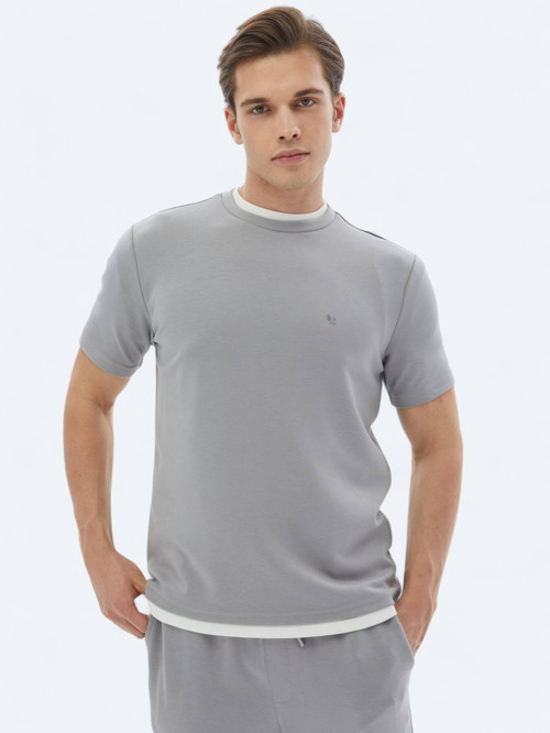 Gri Düz Bisiklet Yaka T-Shirt