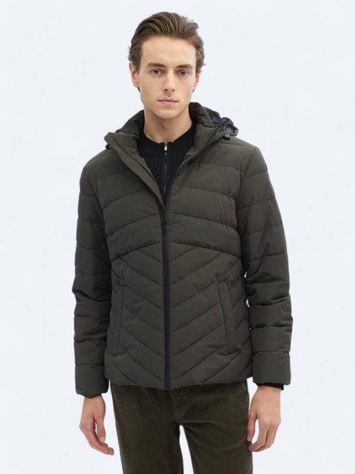 Haki Regular Fit Kapüşonlu Casual Dokuma Mont