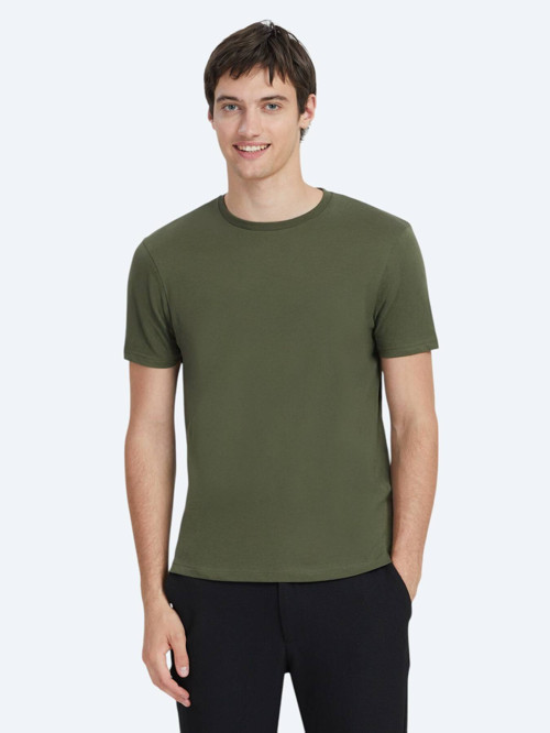 Haki Düz Bisiklet Yaka %100 Pamuk T-Shirt