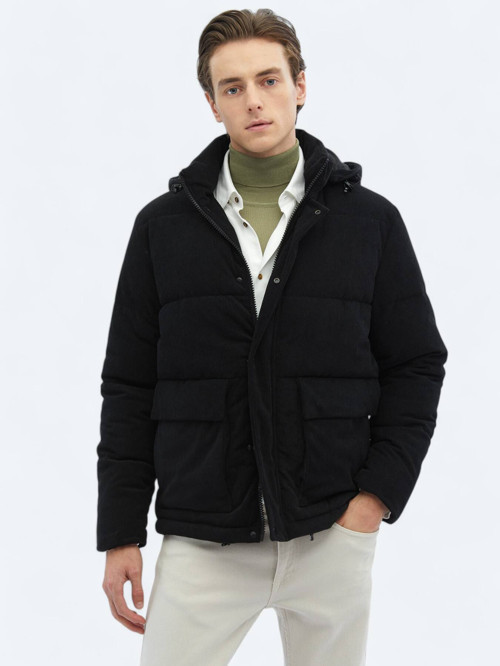 Siyah Regular Fit Kapüşonlu Casual Dokuma Mont