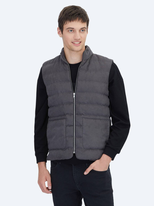 Gri Regular Fit Dik Yaka Casual Dokuma Spor Yelek