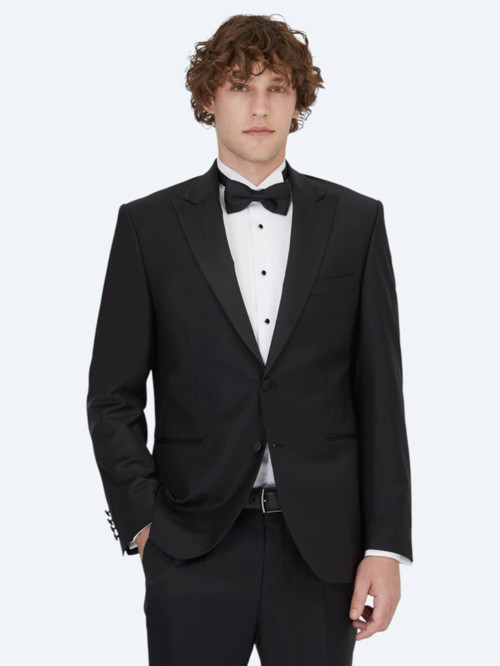 Siyah Düz Slim Fit Kruvaze Yaka Dokuma Smokin Takım Elbise