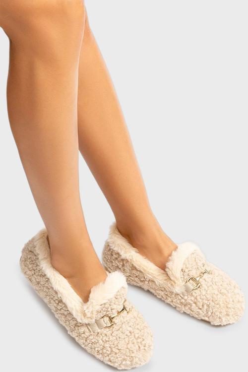 Tw Carina Yumuşak Tüylü Aksesuar Detaylı Bayan Panduf EE0005 BEJ