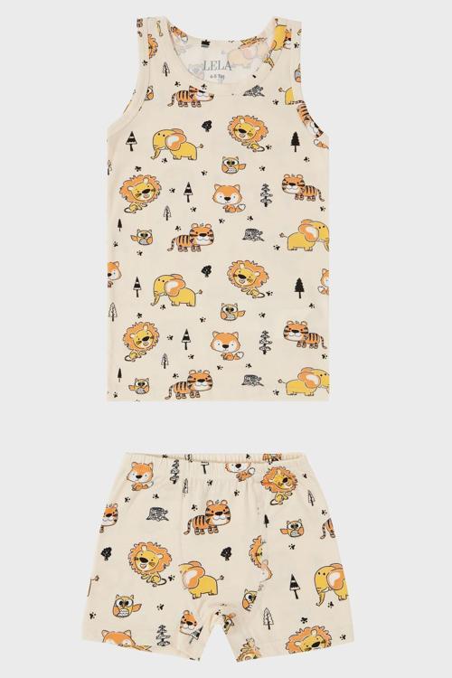 Desenli Streç Pamuklu Bisiklet Yaka Atlet Boxer 2'li İç Giyim Erkek Çocuk Takım 6651010 BEJ