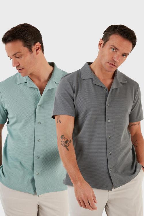 Pamuklu Regular Fit Kısa Kollu 2'li Paket Erkek Gömlek 5902640S2 Mint-Açık Haki
