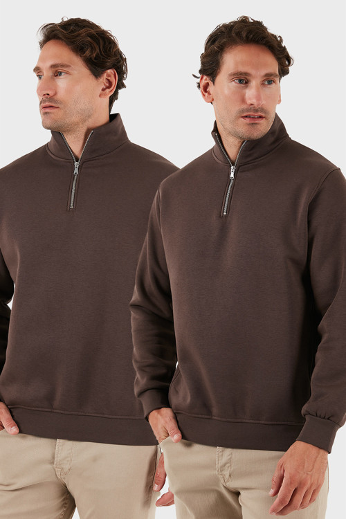 Pamuklu Regular Fit Dik Yaka 2'li Paket Erkek Sweat 59052592S2 Koyu Kahve-Koyu Kahve