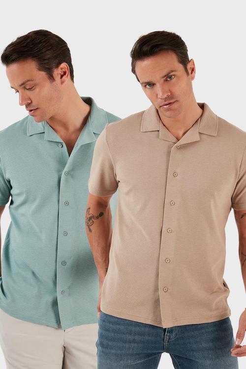 Pamuklu Regular Fit Kısa Kollu 2'li Paket Erkek Gömlek 5902640S2 Vizon-Mint