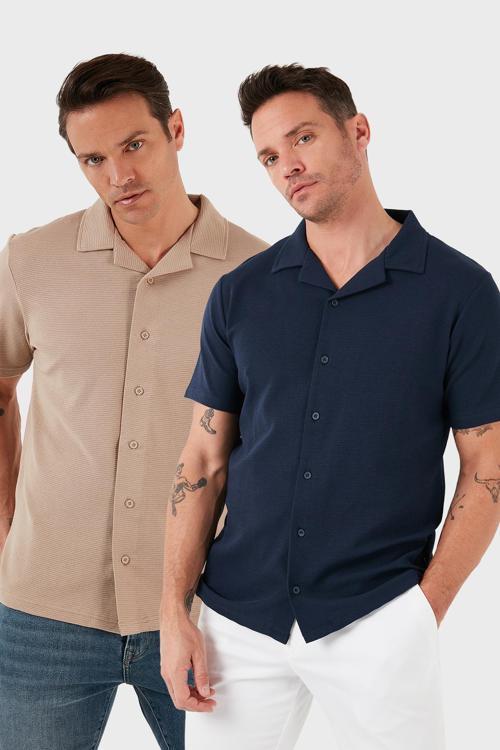 Pamuklu Regular Fit Kısa Kollu 2'li Paket Erkek Gömlek 5902640S2 Vizon-İndigo