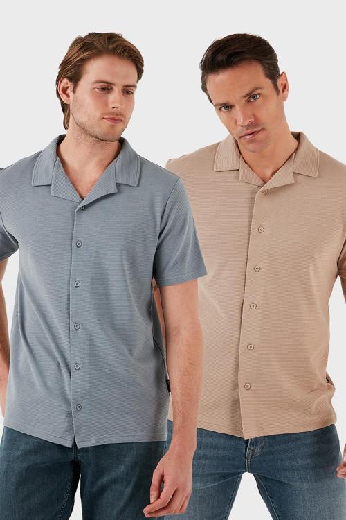 Pamuklu Regular Fit Kısa Kollu 2'li Paket Erkek Gömlek 5902640S2 Vizon-Açık Gri