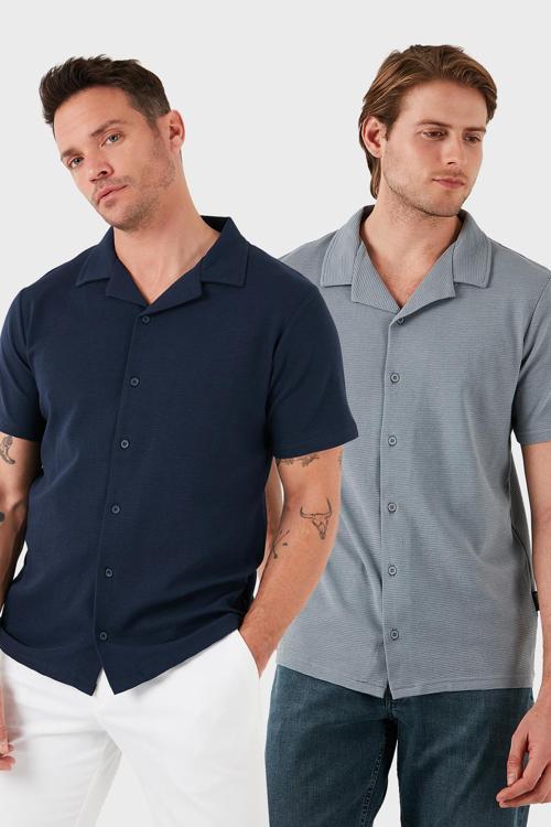 Pamuklu Regular Fit Kısa Kollu 2'li Paket Erkek Gömlek 5902640S2 İndigo-Açık Gri