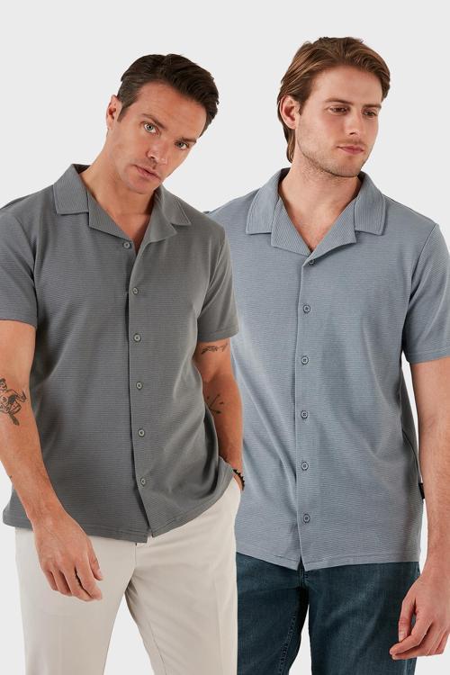 Pamuklu Regular Fit Kısa Kollu 2'li Paket Erkek Gömlek 5902640S2 Açık Haki-Açık Gri