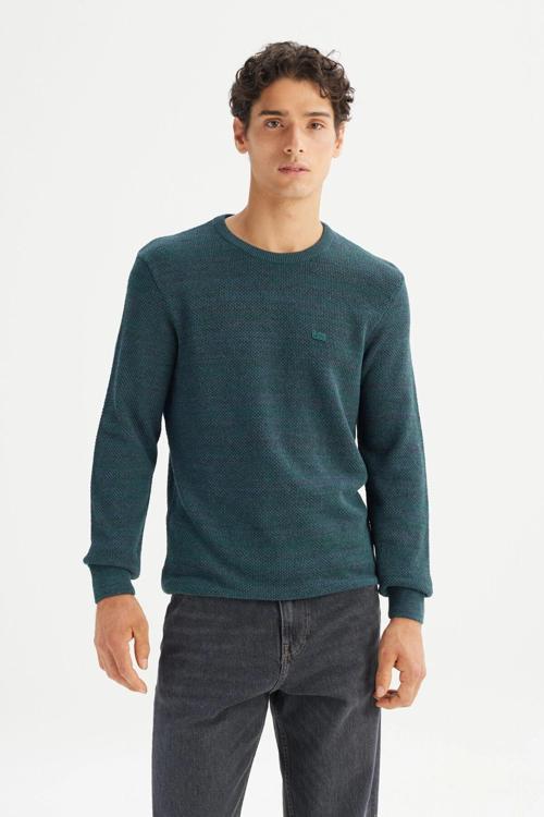 Pamuklu Regular Fit Bisiklet Yaka Logolu Erkek Kazak L2520364 405 PETROL