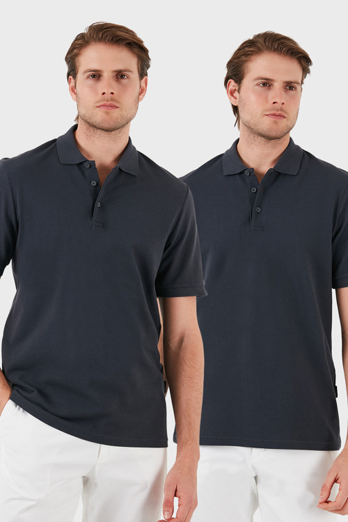 Pamuk Regular Fit Düğmeli 2'li Paket Erkek Polo Yaka T Shirt 5902127S2 Antrasit-Antrasit