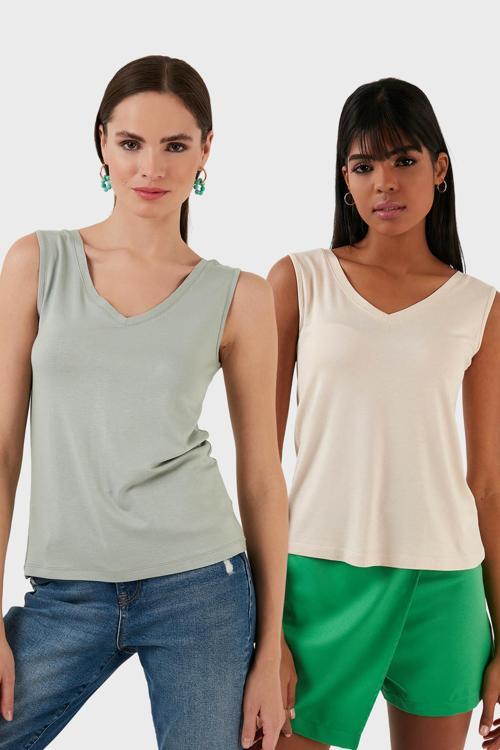 Slim Fit V Yaka Kalın Askılı 2' li Paket Bayan Bluz 5864384S2 ÇAĞLA-TAŞ